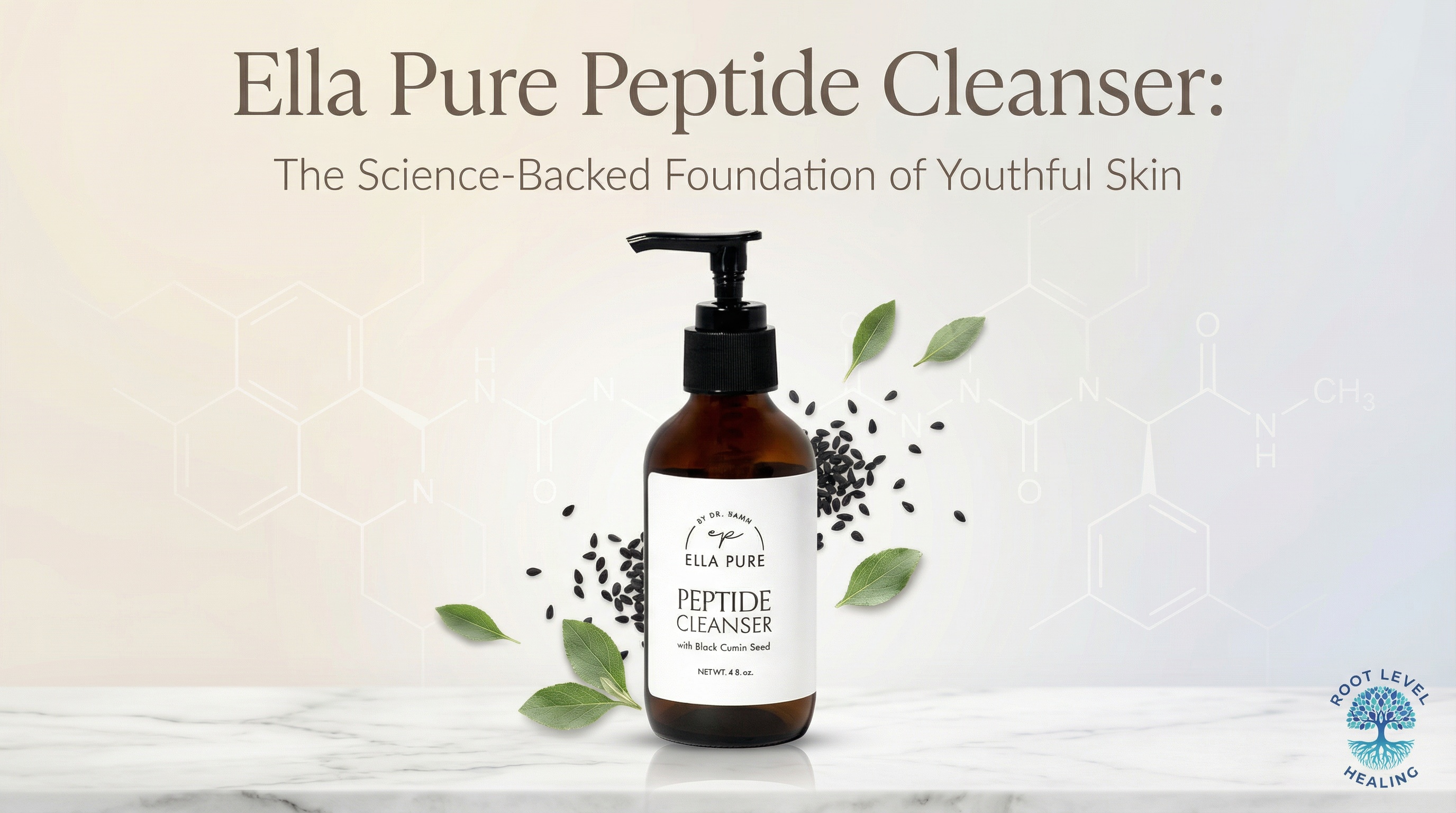 Ella Pure Peptide Cleanser with Black Cumin Seed product bottle featured prominently in an elegant, scientific setting.