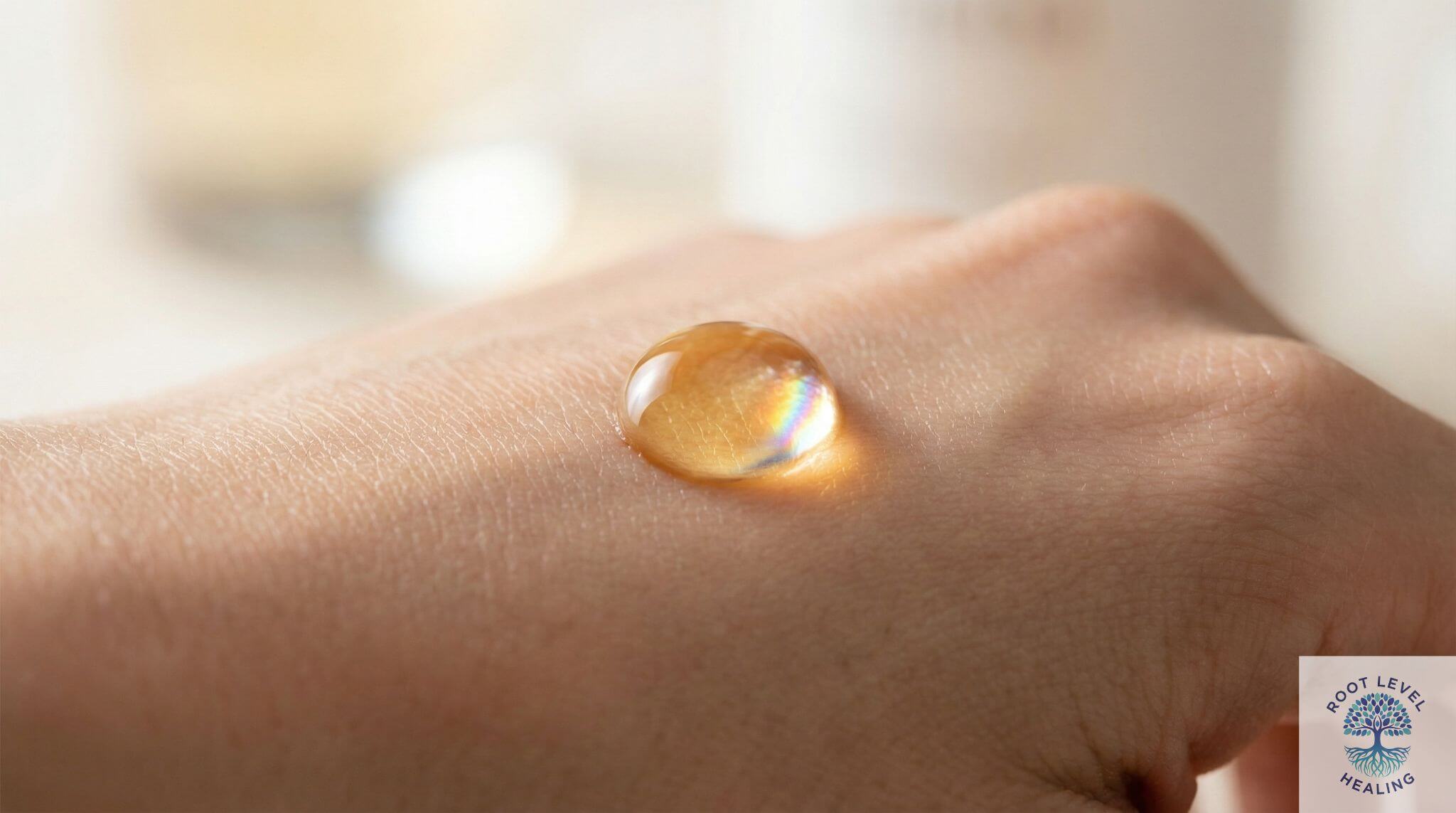 A close-up shot of the Ella Pure Peptide Serum being applied to the skin, showcasing its luxurious texture and rapid absorption.