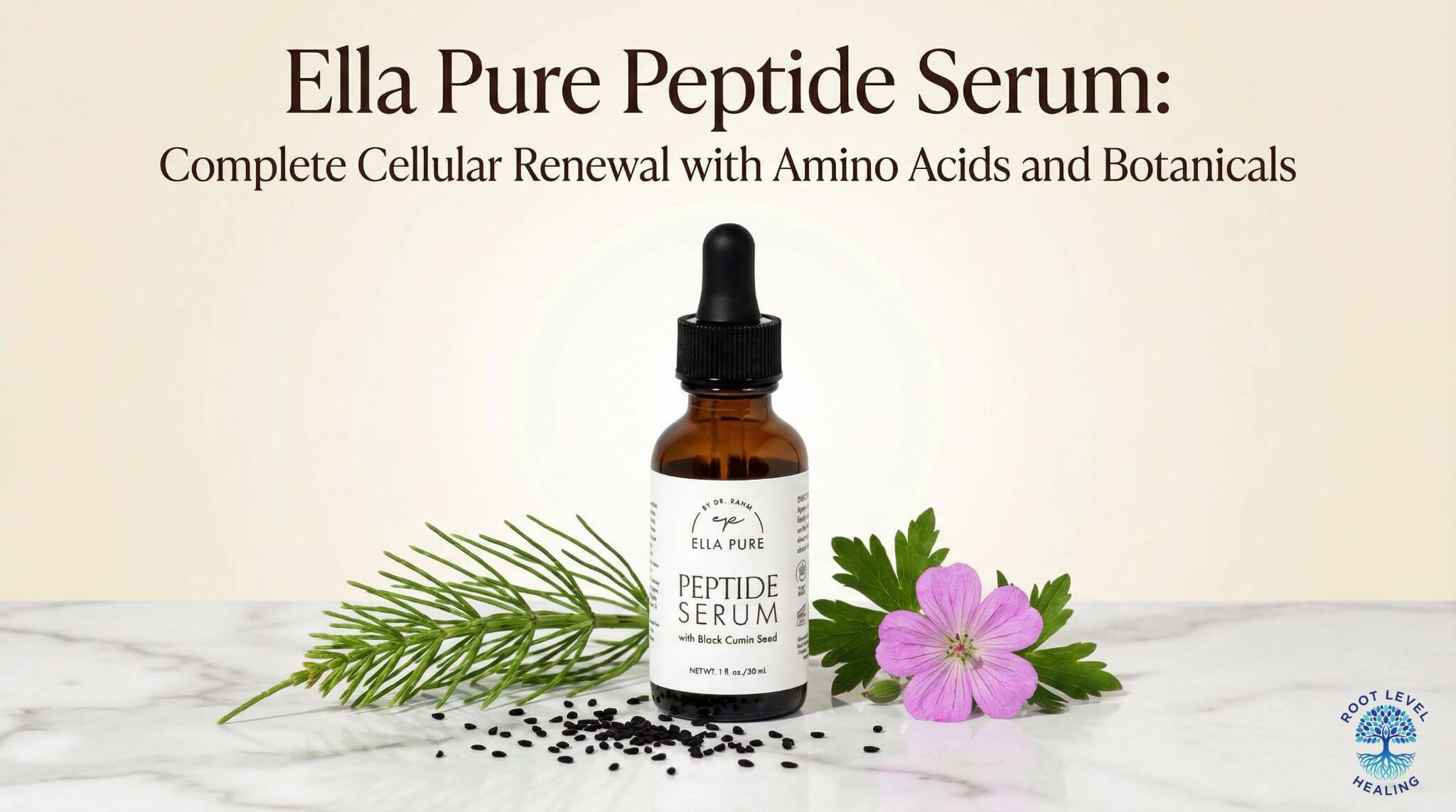 A luxurious product shot of the Ella Pure Peptide Serum, elegantly styled with its key botanical ingredients like black cumin seeds and horsetail.