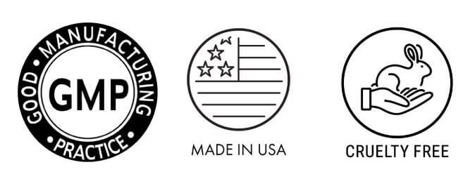 Ella Pure Peptide Serum quality certifications: GMP certified, Made in USA, and Cruelty Free