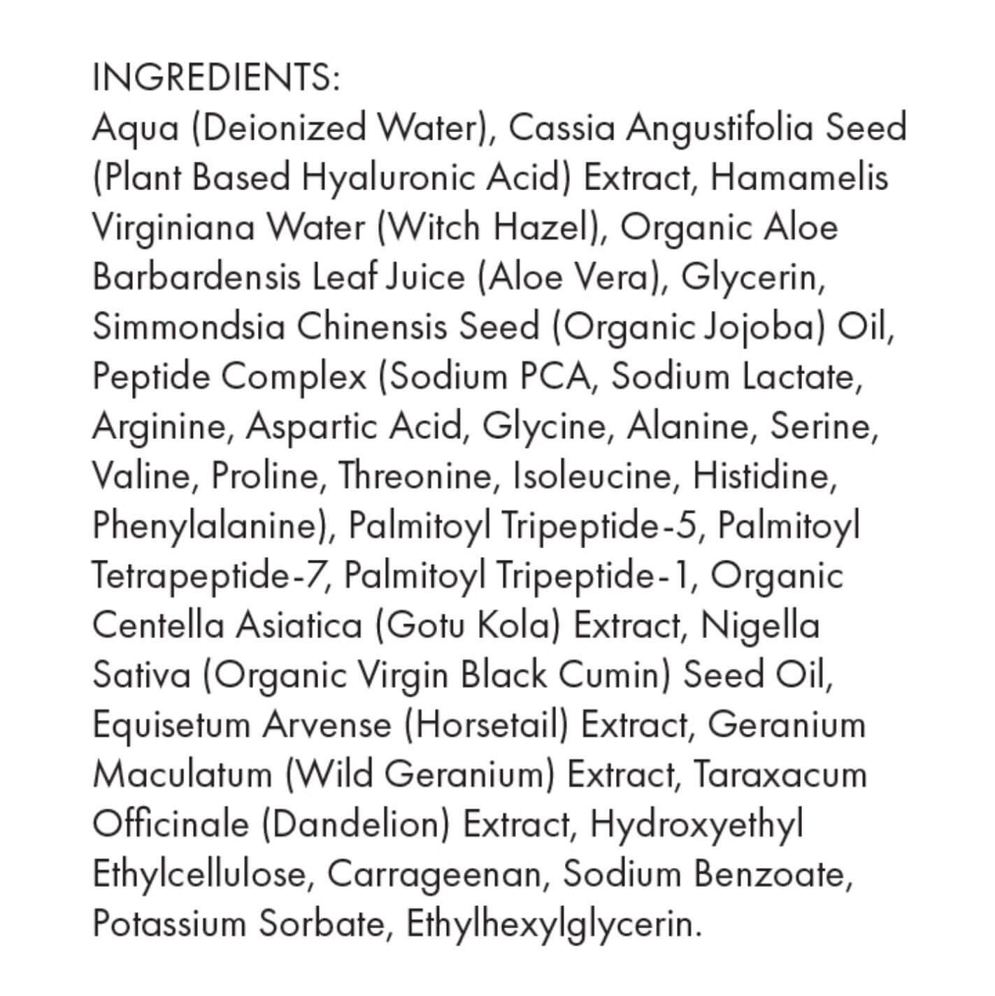 The supplement facts and full ingredient list for the Ella Pure Peptide Serum.