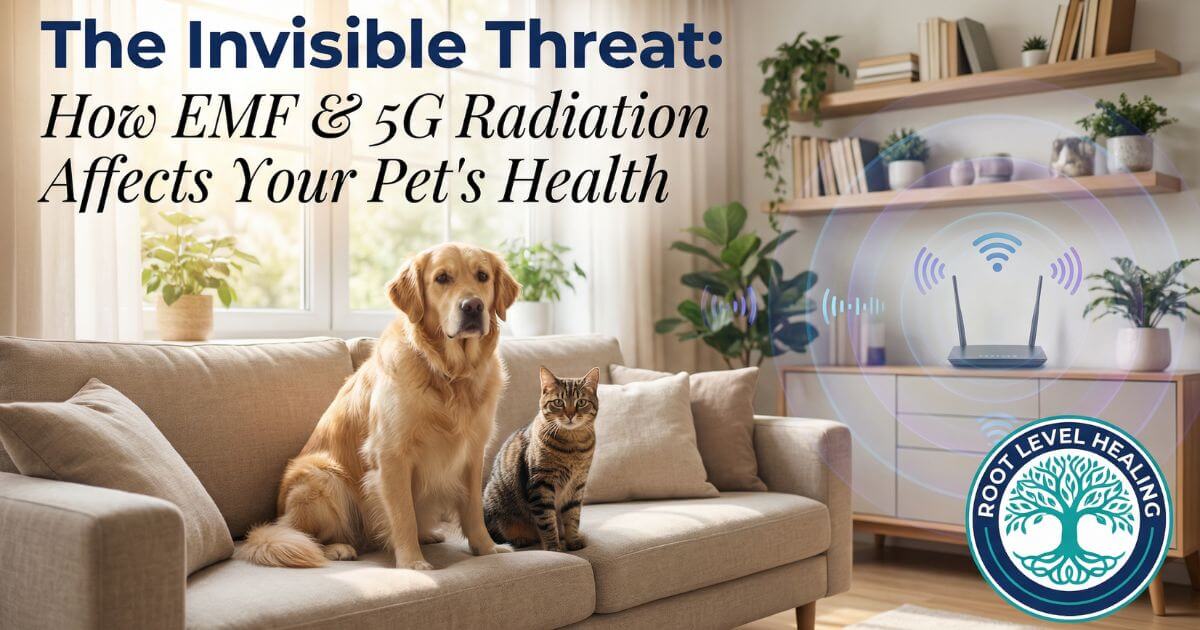 The Invisible Threat: How EMF & 5G Radiation Affects Your Pet's Health - Featured image showing a golden retriever and tabby cat in a living room with EMF waves from a WiFi router