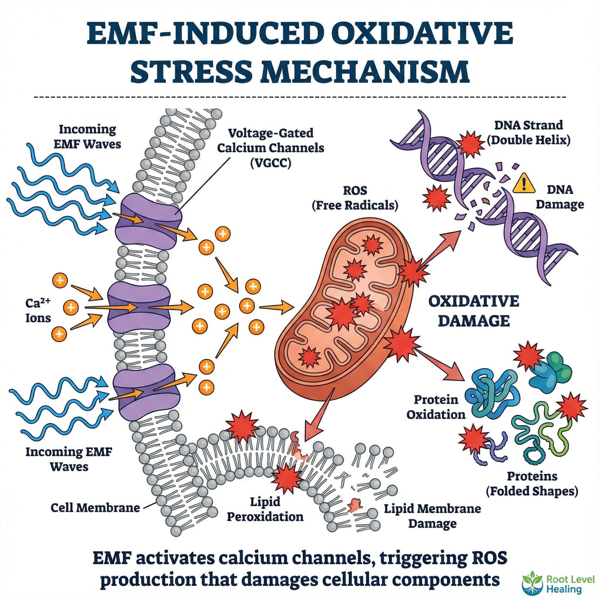 EMF-induced oxidative stress mechanism showing voltage-gated calcium channels and ROS production