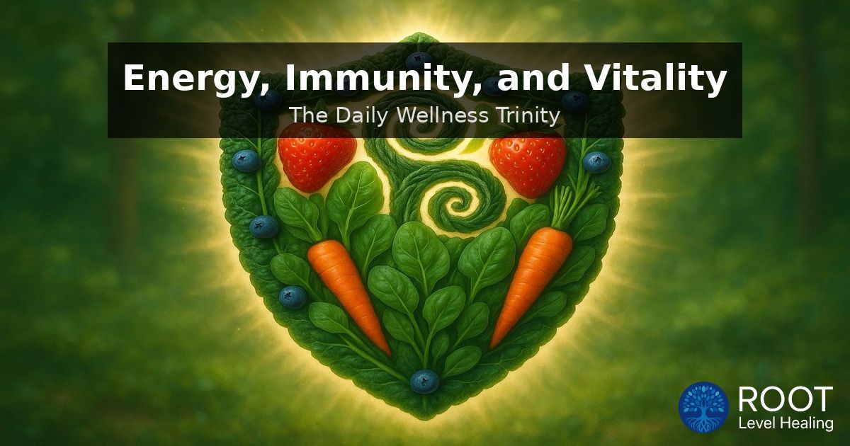 A vibrant shield icon composed of fruits and vegetables, radiating energy and representing the daily wellness trinity.