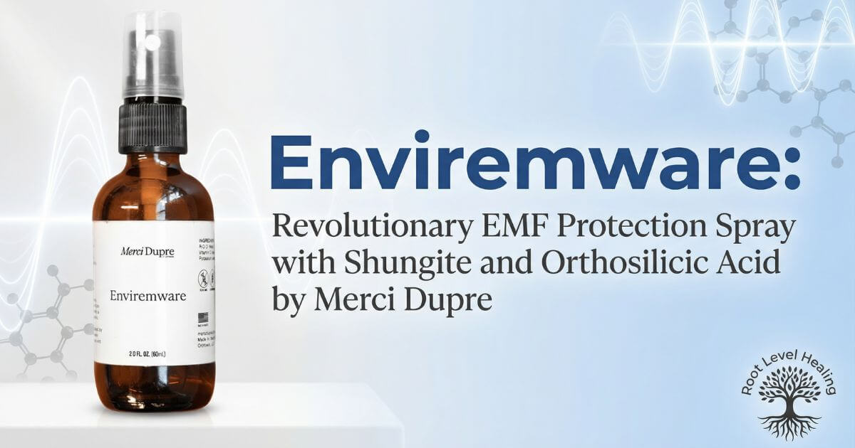 Enviremware EMF protection spray featured image showing product bottle with shungite and orthosilicic acid formula by Merci Dupre.