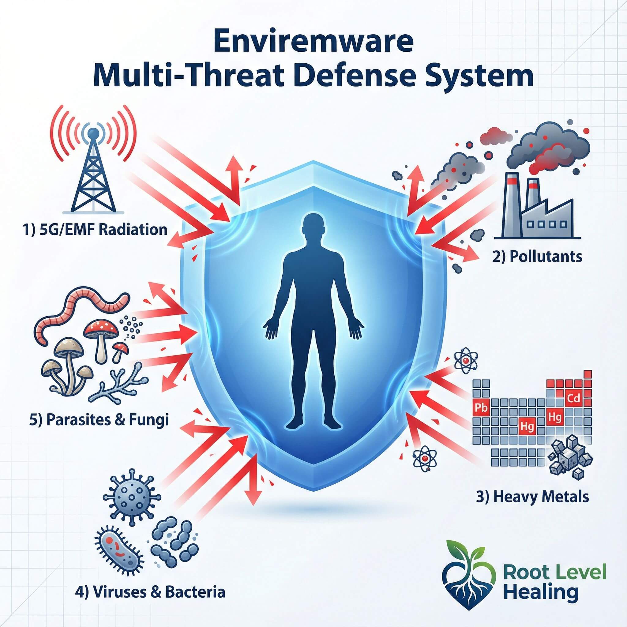 Enviremware multi-threat defense system infographic showing protection against 5G/EMF radiation, pollutants, heavy metals, viruses, bacteria, parasites, and fungi.