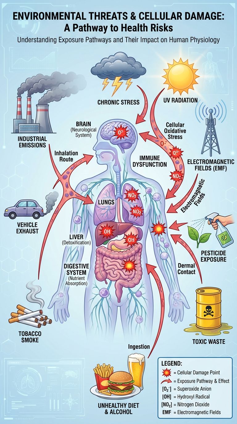 An infographic detailing various environmental sources of oxidative stress, such as air pollution, industrial chemicals, radiation, and poor lifestyle choices.