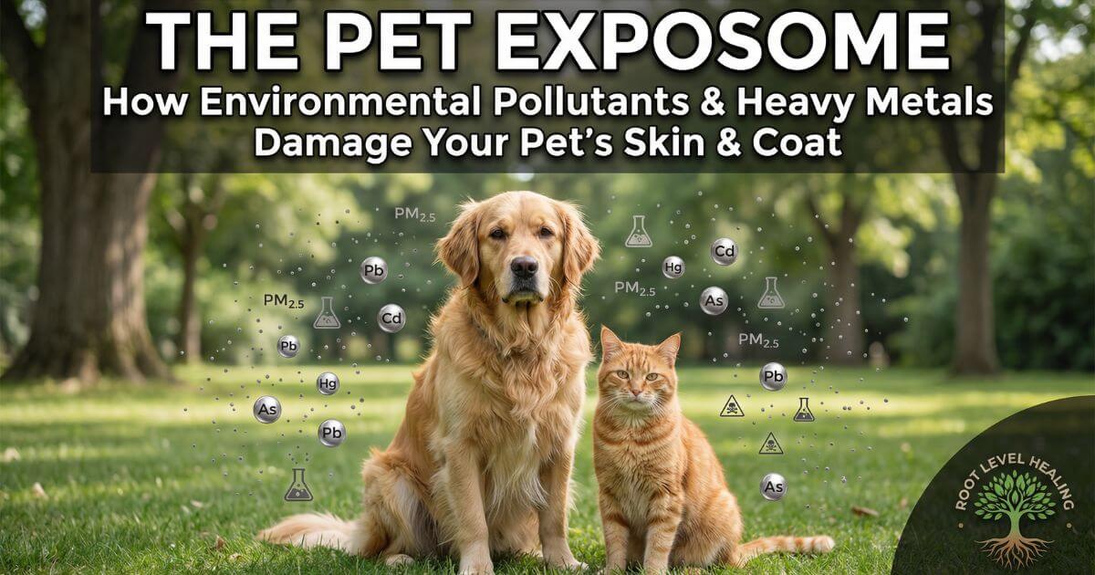 Golden retriever dog and orange tabby cat sitting together in modern home surrounded by visualization of environmental pollutants including PM2.5 particles, heavy metal molecules labeled Pb Cd Hg As, and toxic chemical symbols, showing concerned expressions with slightly dull coat texture indicating environmental stress and toxic exposure