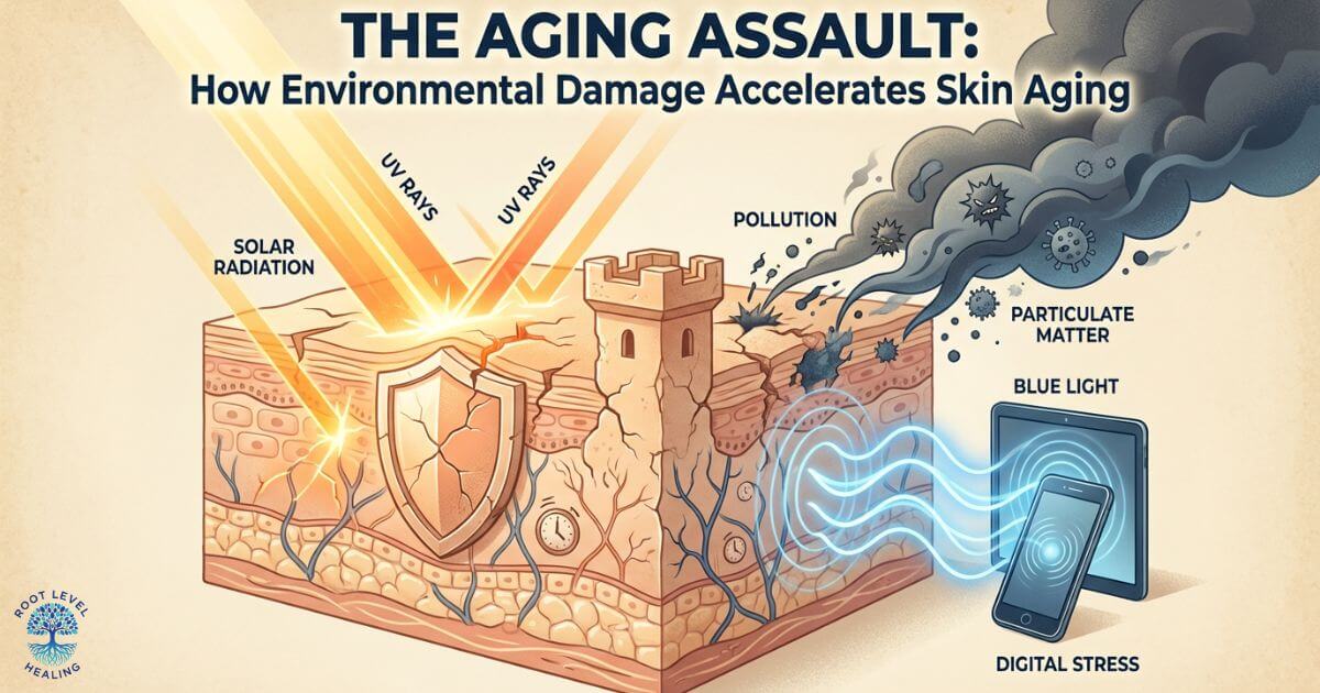 An artistic illustration showing a protective shield representing the skin being bombarded by environmental aggressors like UV rays, pollution particles, and free radicals, with the title 'The Aging Assault' overlaid.