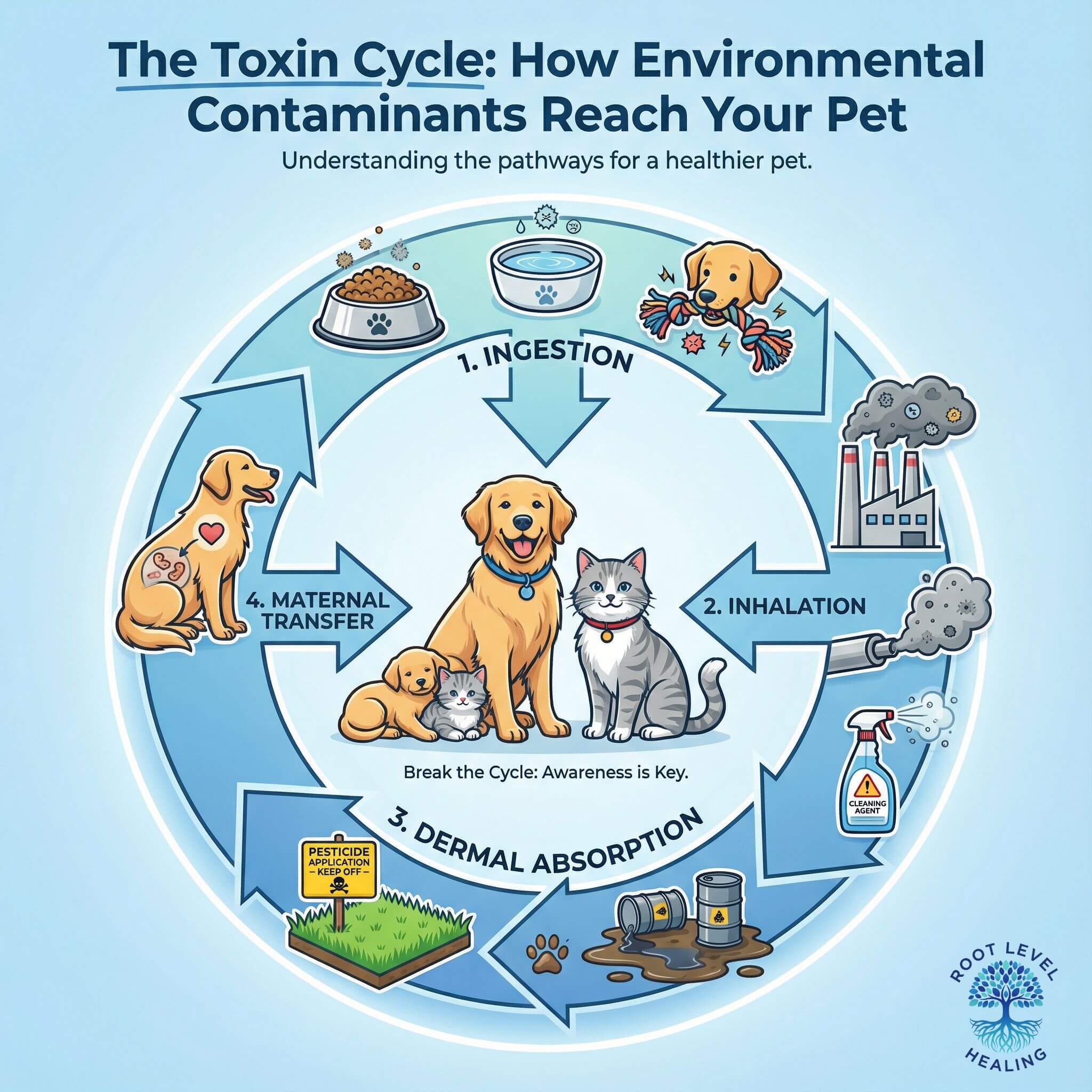 Circular infographic showing the four pathways of environmental toxin exposure in pets: ingestion, inhalation, dermal absorption, and maternal transfer