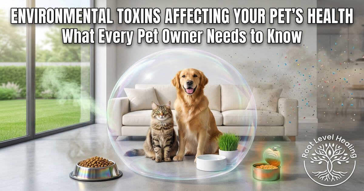 Golden retriever and tabby cat in protective bubble surrounded by environmental toxins including PFAS, BPA, pesticides, air pollution, and microplastics
