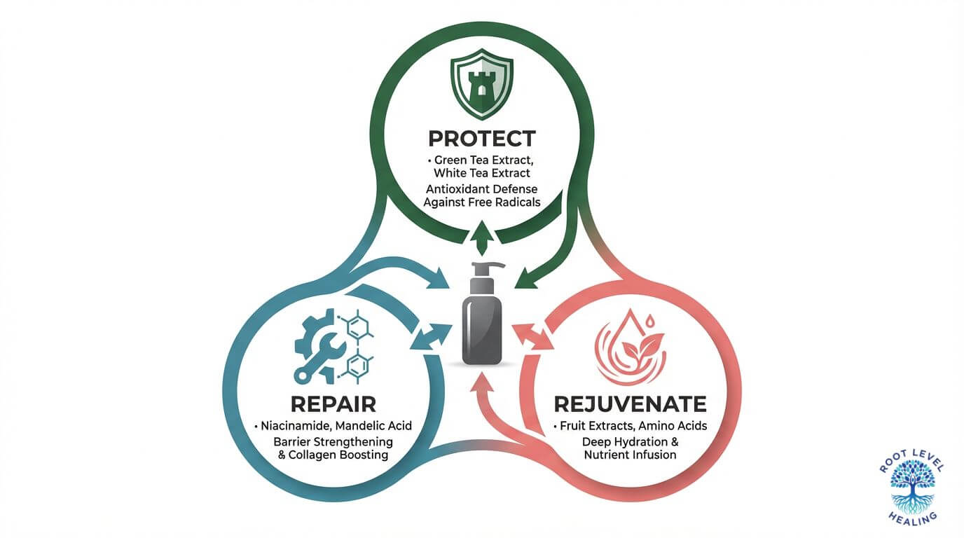 An infographic showing the synergistic action of Era Face Lift's key ingredients: Green/White Tea (Protect), Niacinamide/Mandelic Acid (Repair), and Fruit Extracts/Amino Acids (Rejuvenate).