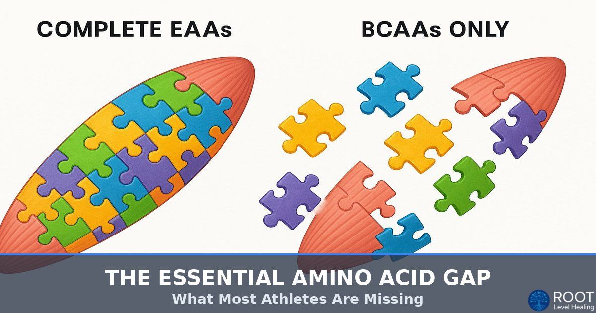 A diagram showing the 9 essential amino acids as building blocks, with the 3 BCAAs highlighted, illustrating the gap in BCAA-only supplementation