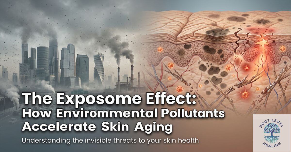 Split image showing urban pollution with smog and particles on the left, and cross-section of aging skin with wrinkles and damage on the right, illustrating how environmental pollutants accelerate skin aging.
