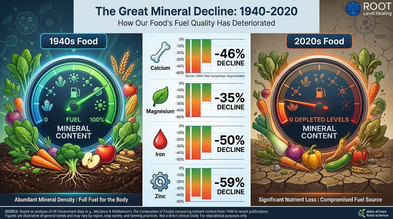 A chart showing the decline in mineral content of fruits and vegetables over the last 50 years.