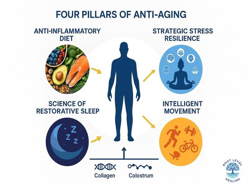 Diagram showing the four pillars of anti-aging: diet, stress management, sleep, and movement working together