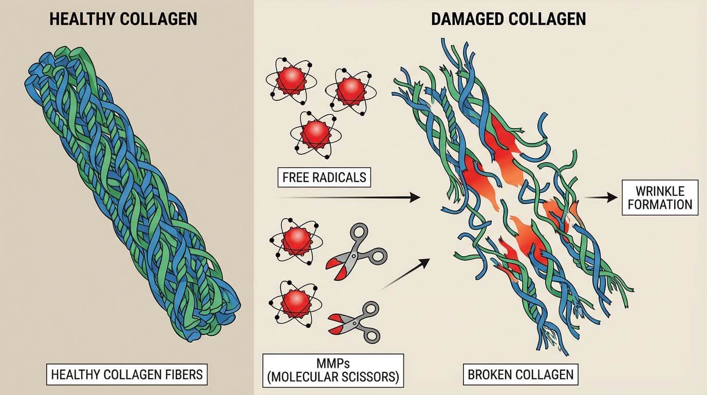 A diagram illustrating how a free radical attacks a healthy collagen strand, causing it to break and weaken, which leads to the formation of wrinkles.