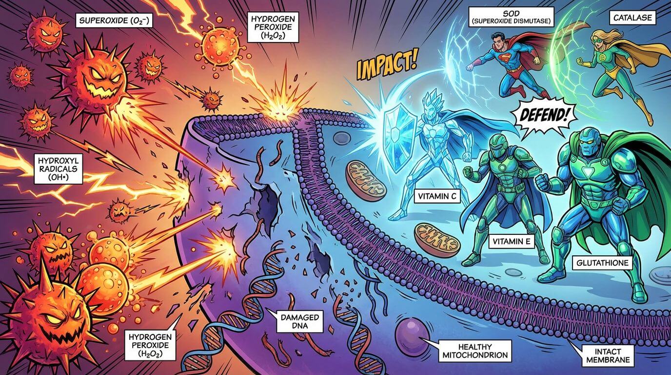 A dynamic illustration showing free radicals as aggressive attackers and antioxidants as protective shields defending a healthy cell.