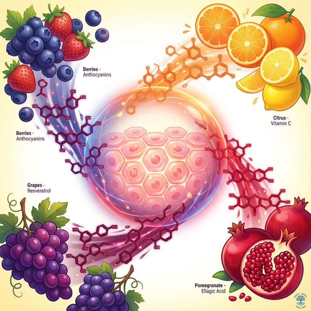 An illustration showing a variety of fruits like citrus and berries, with molecules of Vitamin C and anthocyanins emerging to form a protective shield over skin cells.