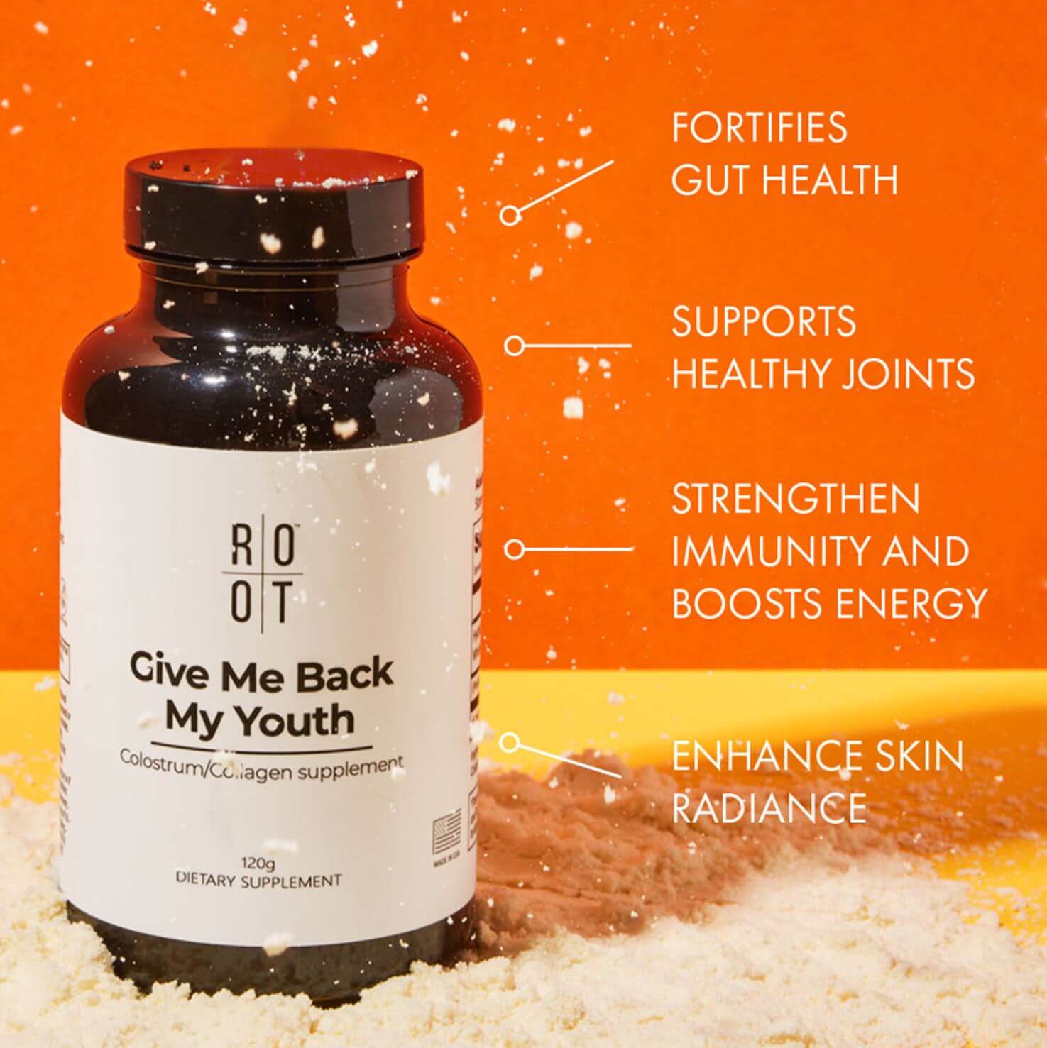 Infographic showing featured benefits of the product: gut restoration, skin rejuvenation, and immune fortification.