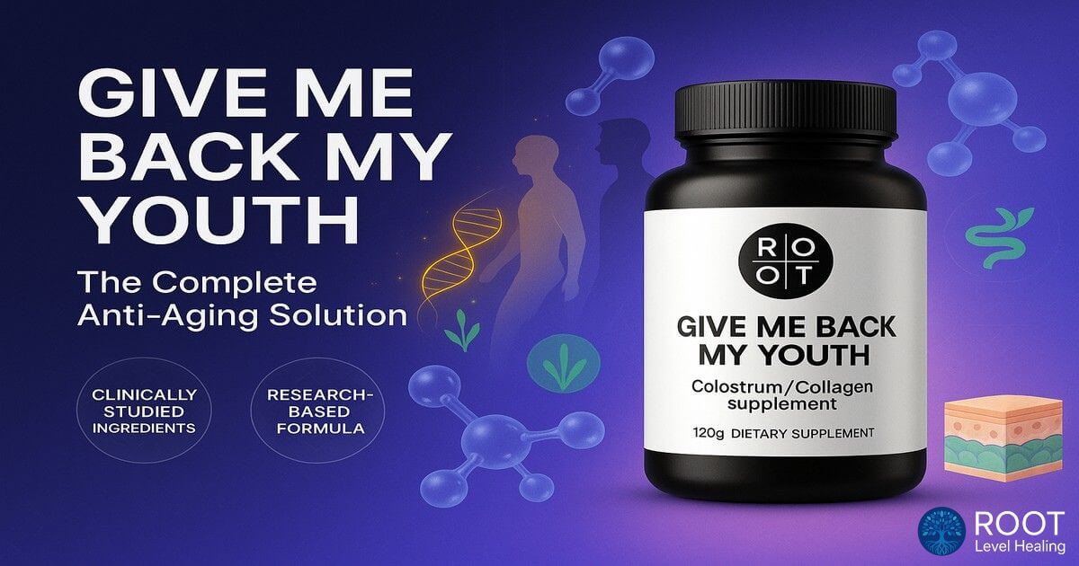 Elegant product shot of Give Me Back My Youth supplement with collagen and colostrum, surrounded by youthful energy and cellular regeneration imagery.