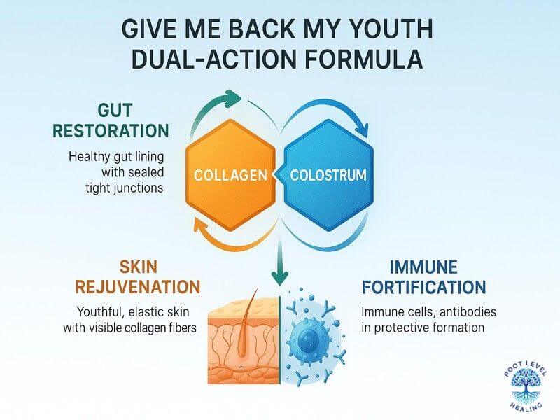Infographic showing how collagen and colostrum work together for gut restoration, skin rejuvenation, and immune fortification.