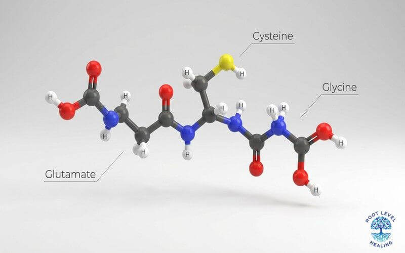 The 3D molecular structure of Glutathione, composed of three amino acids
