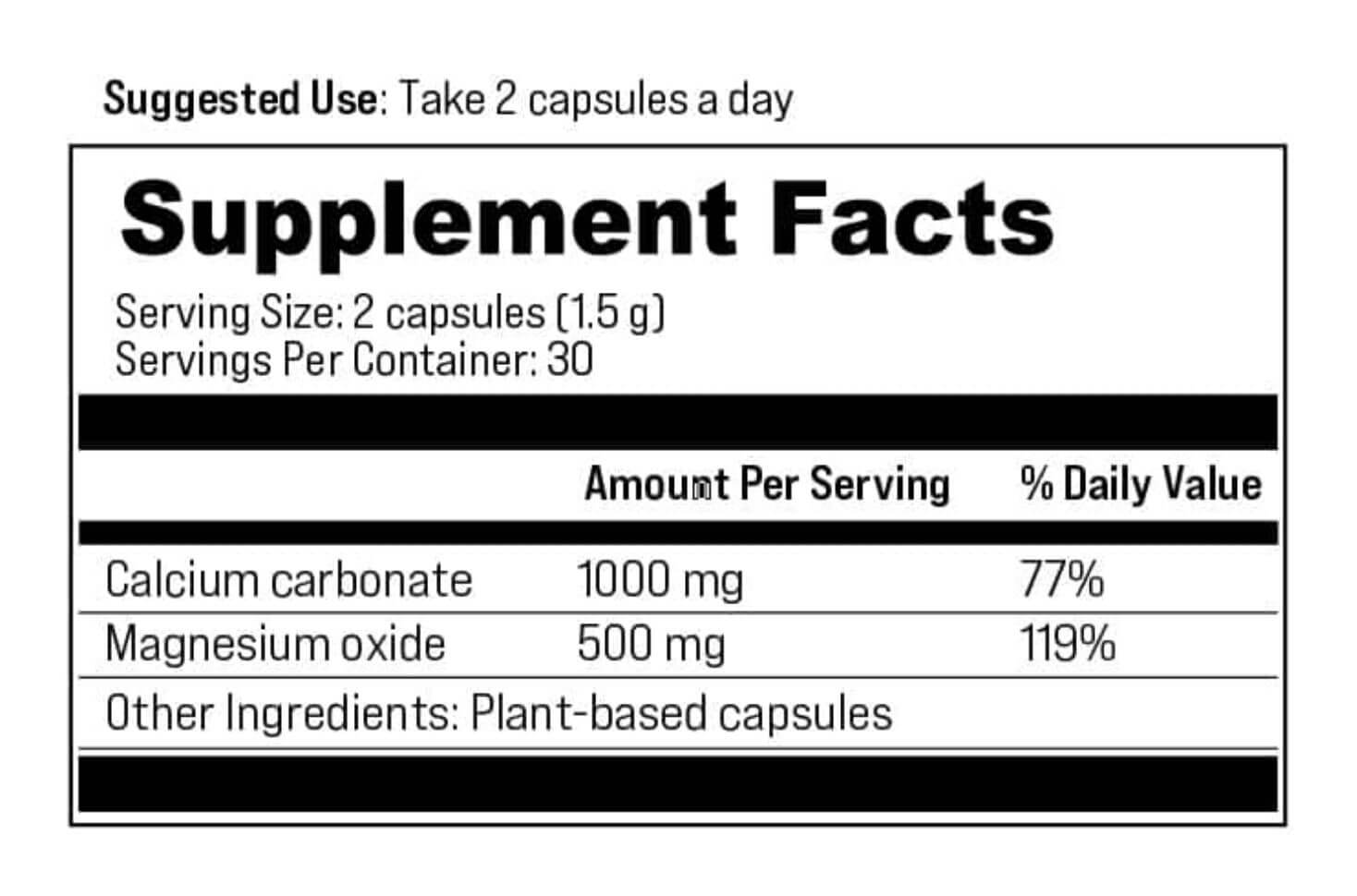 Supplement facts for Good Morning Minerals, showing 1000mg of Calcium Carbonate and 500mg of Magnesium Oxide.