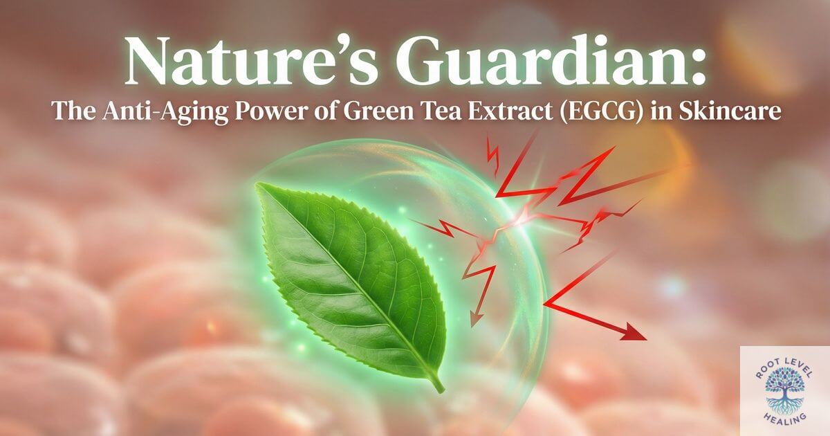 A glowing green tea leaf projecting a translucent shield that deflects UV rays and free radicals, representing the protective power of EGCG in skincare.