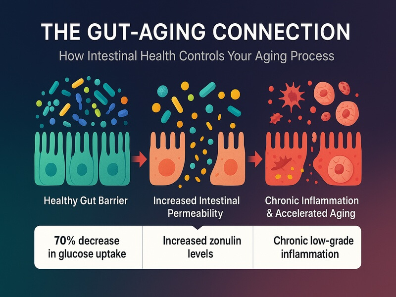 Infographic showing the gut-aging connection pathway from healthy gut to leaky gut to inflammaging and accelerated aging