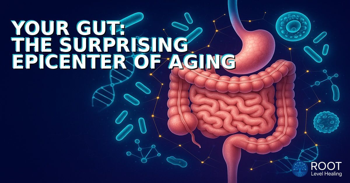 Illustration showing the connection between gut health and aging processes in the human body