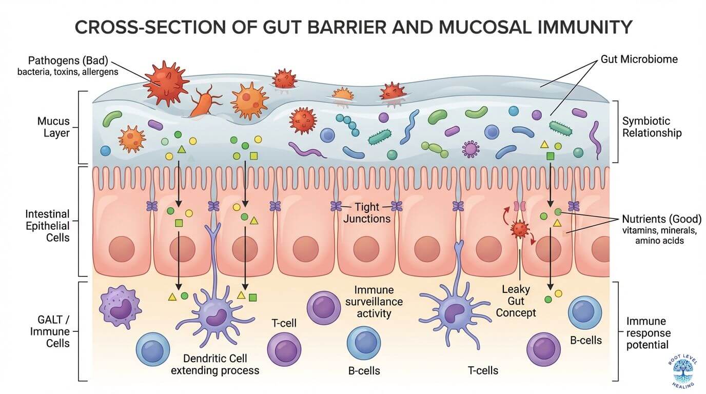 A diagram showing a cross-section of the intestinal wall, highlighting the mucus layer, epithelial cells, tight junctions, and underlying immune cells of the GALT.