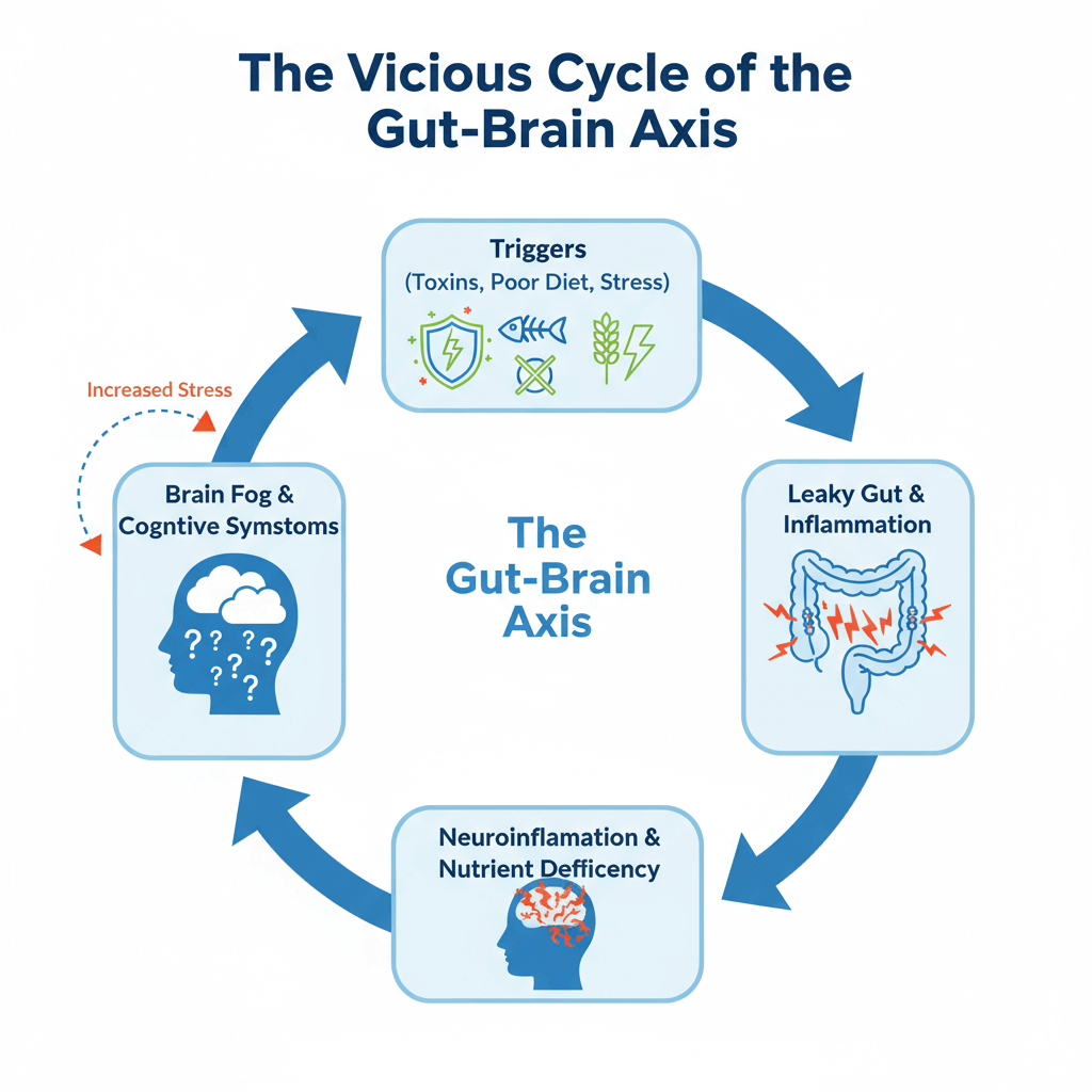 A diagram showing the cycle of the gut-brain axis, where toxins and stress cause leaky gut, leading to neuroinflammation and brain fog.
