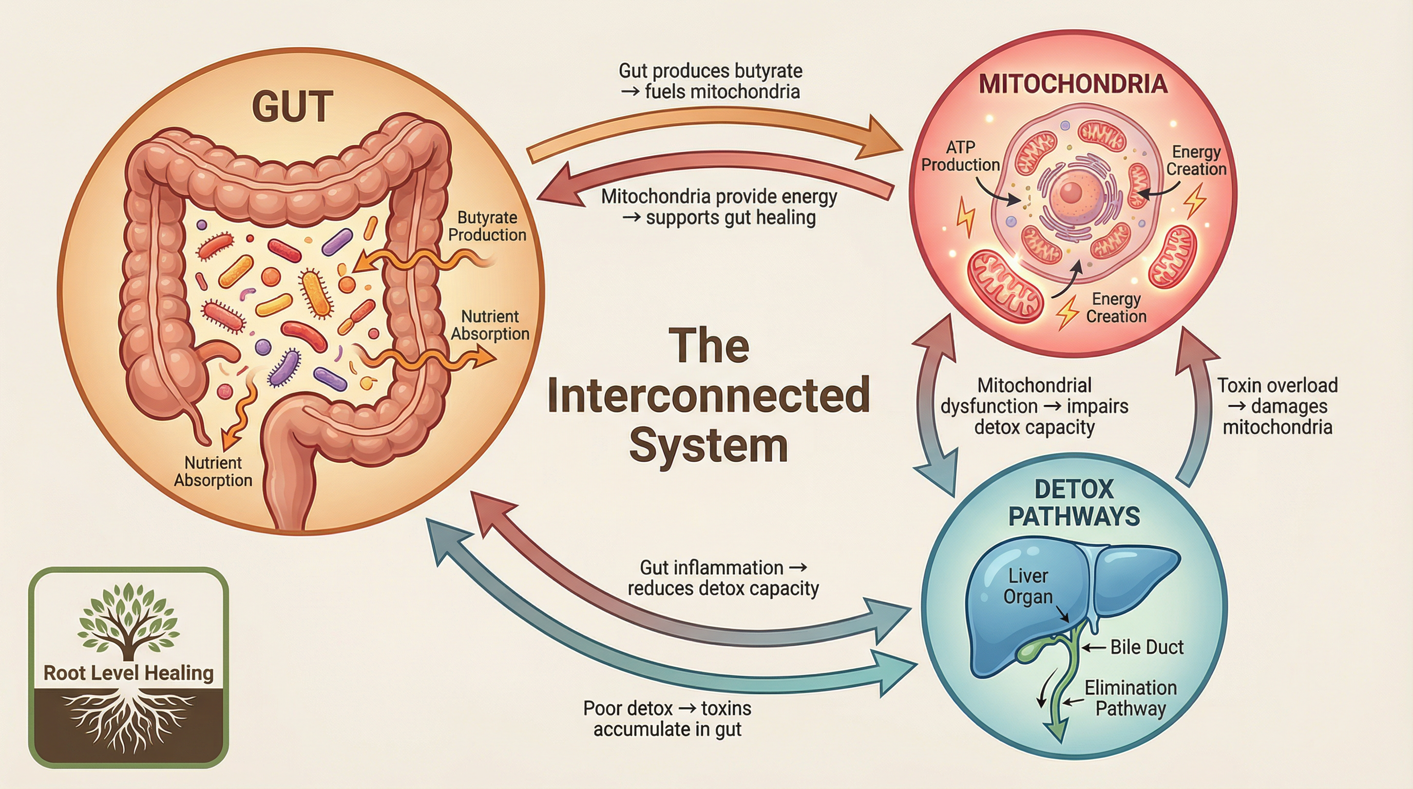 The gut-mitochondria-detox connection showing how gut health affects cellular energy and detoxification pathways