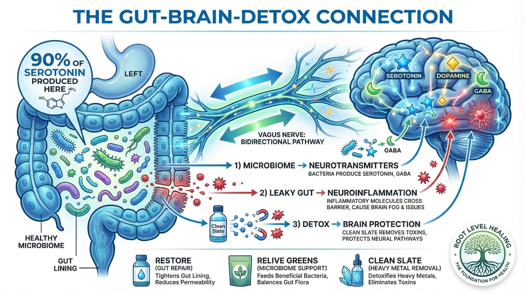 The Gut-Brain-Detox Connection - 90% of Serotonin Produced in Gut, Vagus Nerve Bidirectional Pathway, Microbiome Neurotransmitter Production, Leaky Gut Neuroinflammation