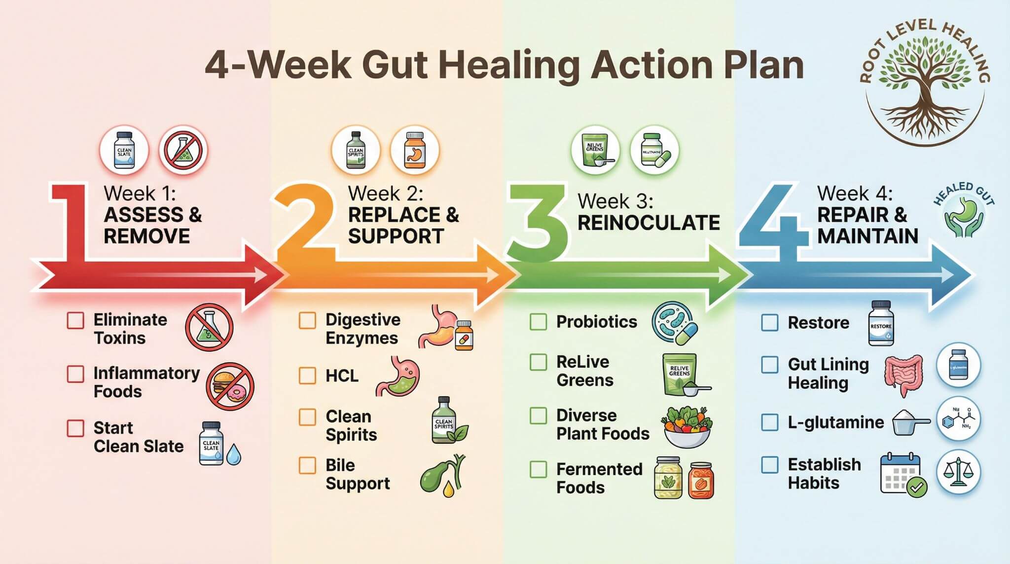 4-week gut healing action plan with step-by-step protocol for removing toxins, restoring microbiome, and repairing gut lining