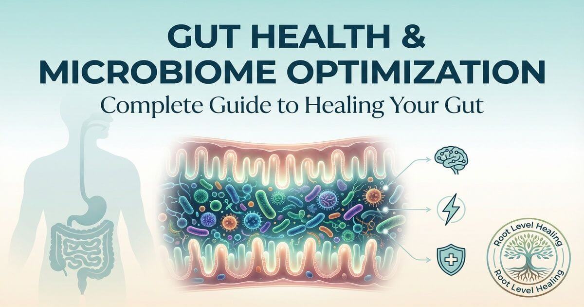 Gut health optimization complete guide showing the path to healing leaky gut, restoring microbiome balance, and achieving optimal digestive wellness