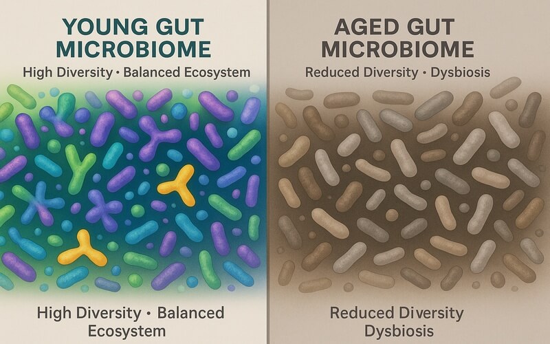 Side-by-side comparison of healthy young gut microbiome versus aged gut microbiome showing decreased diversity