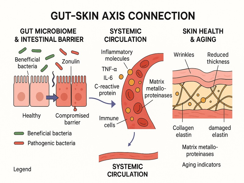 Scientific diagram showing the connection between gut health and skin aging through inflammation pathways