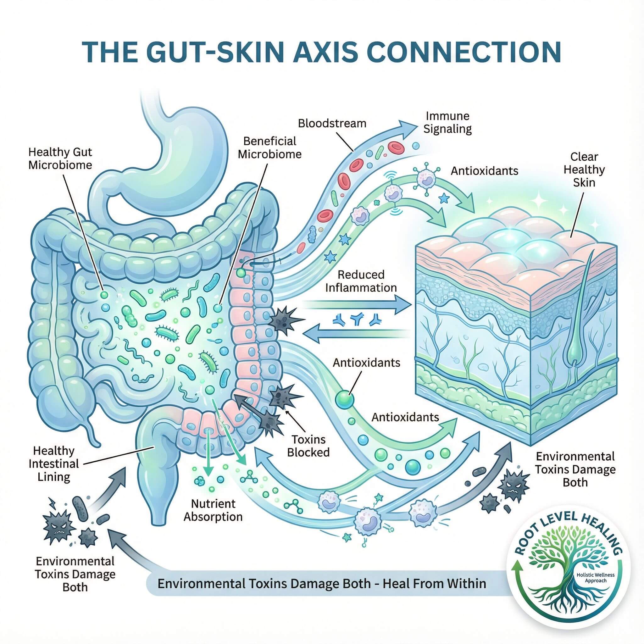 The gut-skin axis showing how gut microbiome health directly influences clear skin through reduced inflammation, immunity, and nutrient absorption