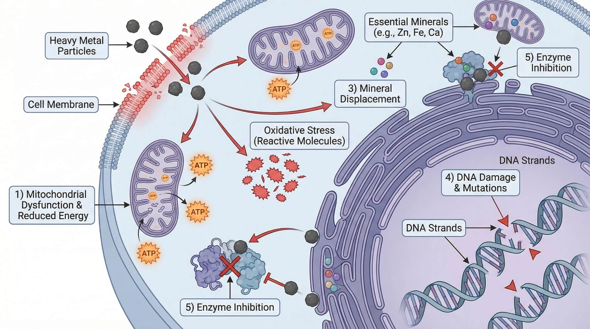 How heavy metals damage mitochondria, displace minerals, and create oxidative stress