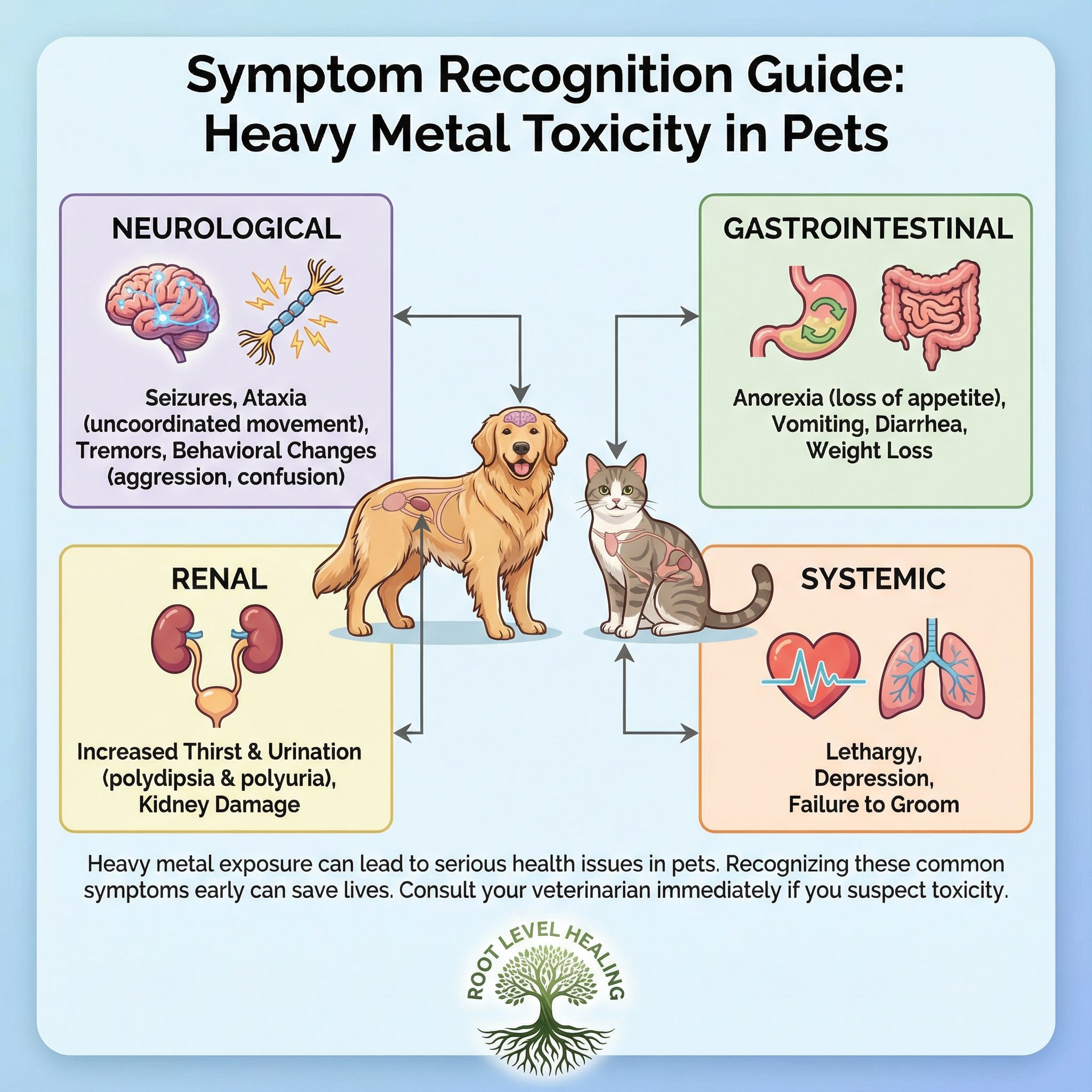 Infographic guide to recognizing symptoms of heavy metal toxicity in pets, categorized by body system.