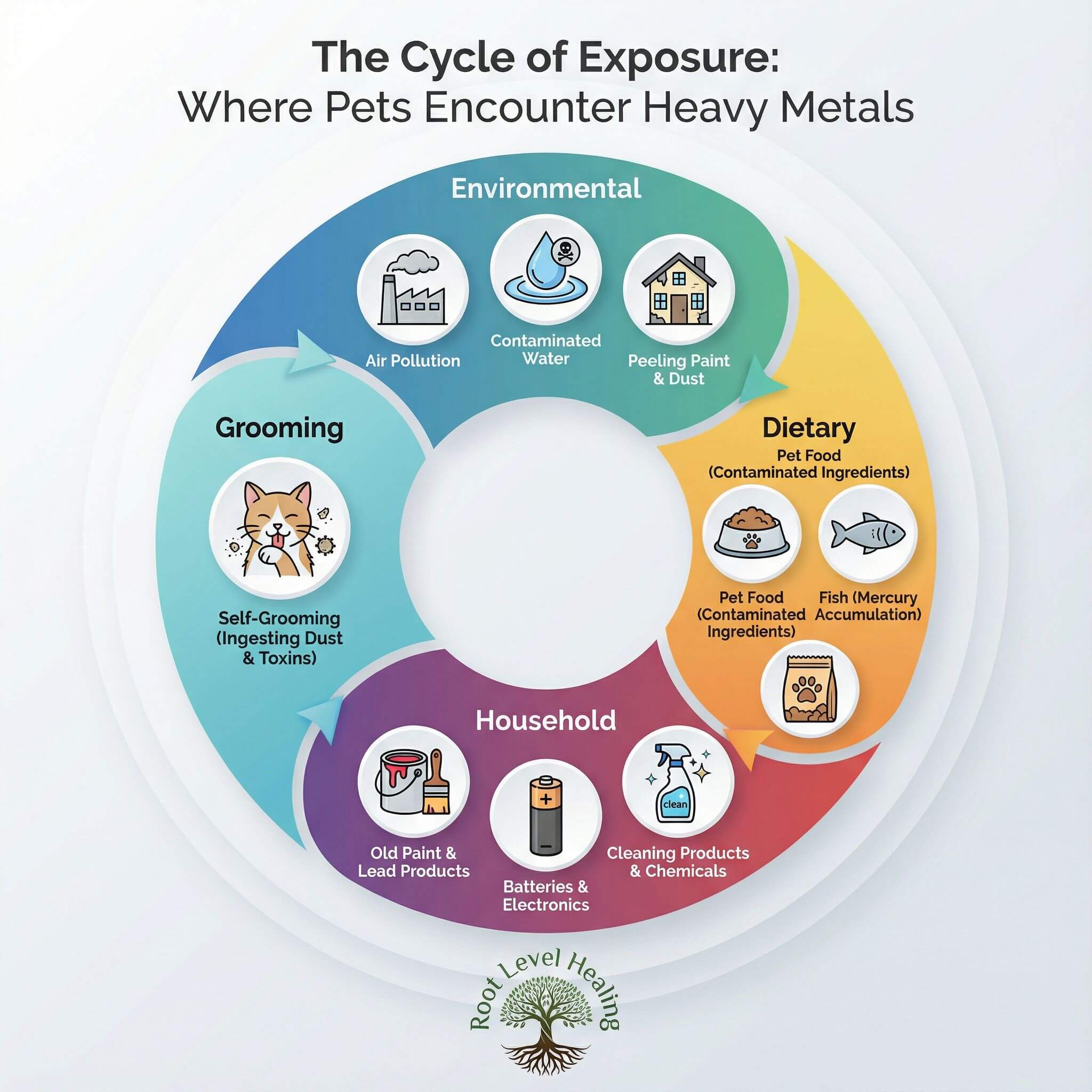 Infographic showing the cycle of heavy metal exposure in pets from environmental, dietary, household, and grooming sources.