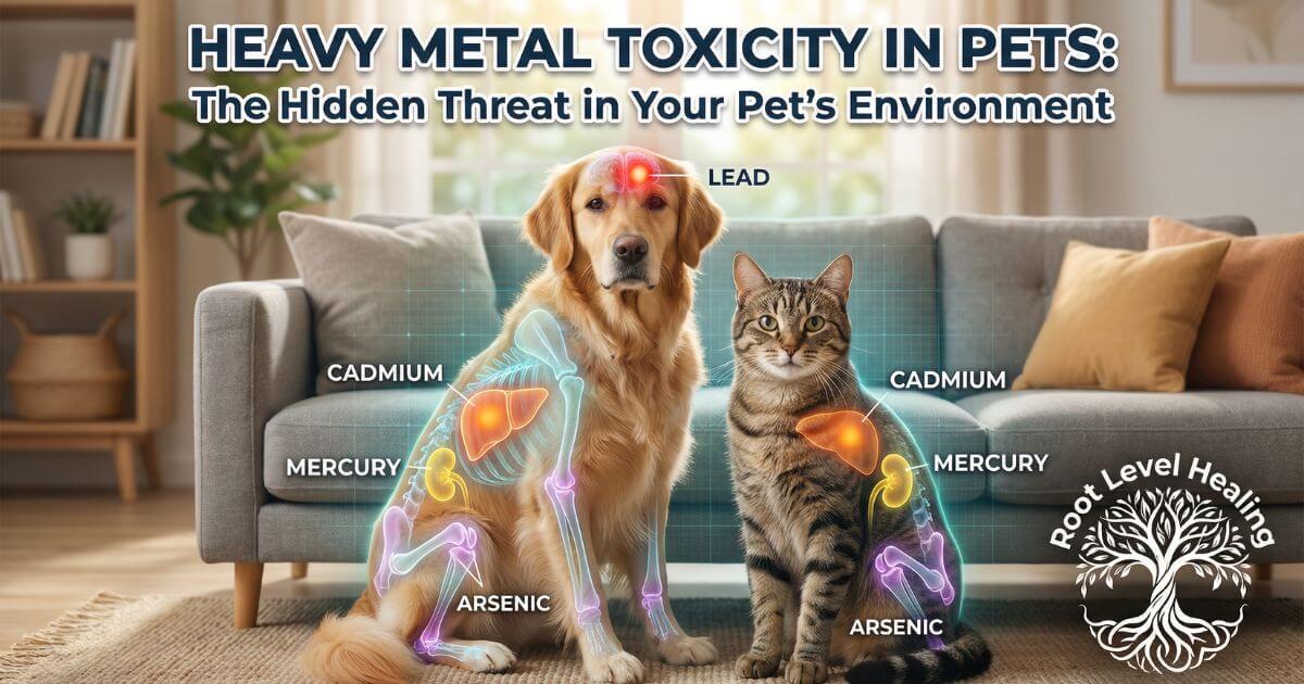 Dog and cat with medical overlay showing heavy metal toxicity locations - lead, cadmium, mercury, and arsenic accumulation in vital organs