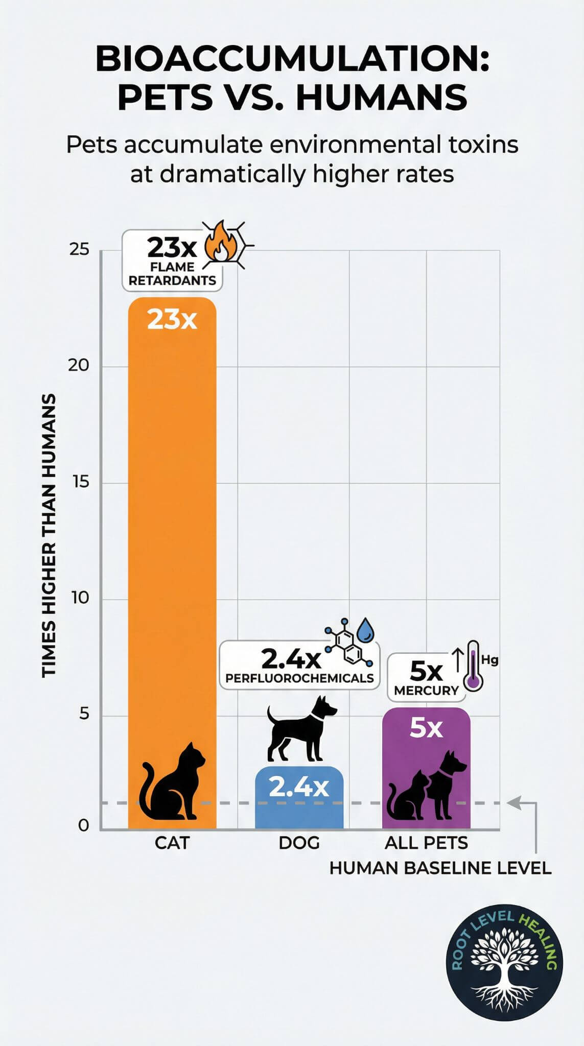 Professional vertical bar chart titled bioaccumulation pets vs humans showing three comparison bars, first bar with cat silhouette showing 23x flame retardants tall orange bar reaching 23 on y-axis, second bar with dog silhouette showing 2.4x perfluorochemicals medium blue bar, third bar with combined pet silhouettes showing 5x mercury purple bar, horizontal baseline at 1.0 labeled human baseline level with dashed line, y-axis labeled times higher than humans from 0 to 25