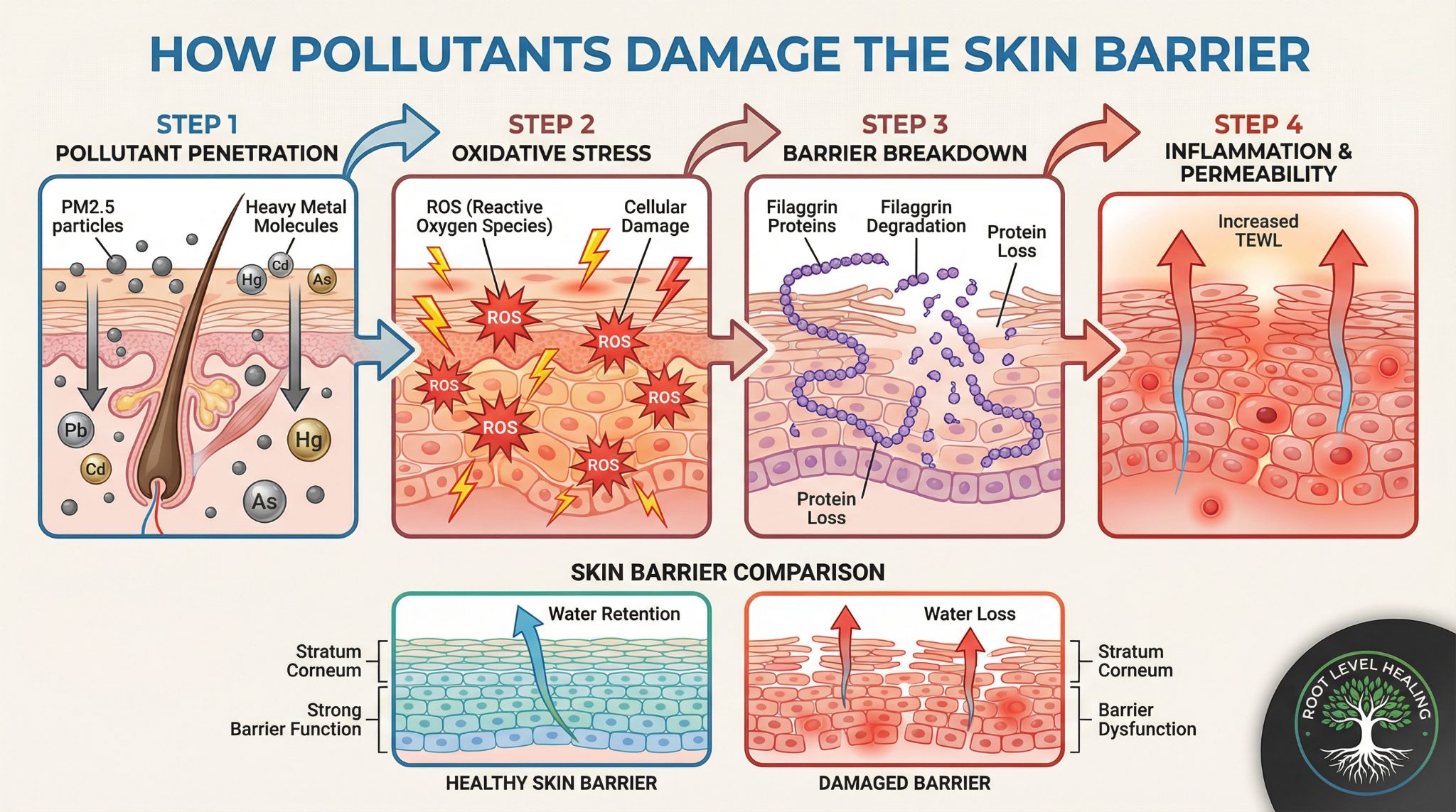 Scientific educational diagram showing 4-step process of how pollutants damage skin barrier, step 1 pollutant penetration shows PM2.5 particles and heavy metal molecules Pb Cd Hg As penetrating through hair follicles into skin layers, step 2 oxidative stress shows red starburst ROS reactive oxygen species generation with lightning bolts indicating cellular damage, step 3 barrier breakdown shows filaggrin proteins fragmenting with labels filaggrin degradation protein loss, step 4 inflammation permeability shows inflamed red skin cells gaps in barrier upward arrows indicating increased TEWL transepidermal water loss, below shows two side-by-side cross-sections healthy skin barrier with intact layers and damaged barrier with gaps inflammation broken structure