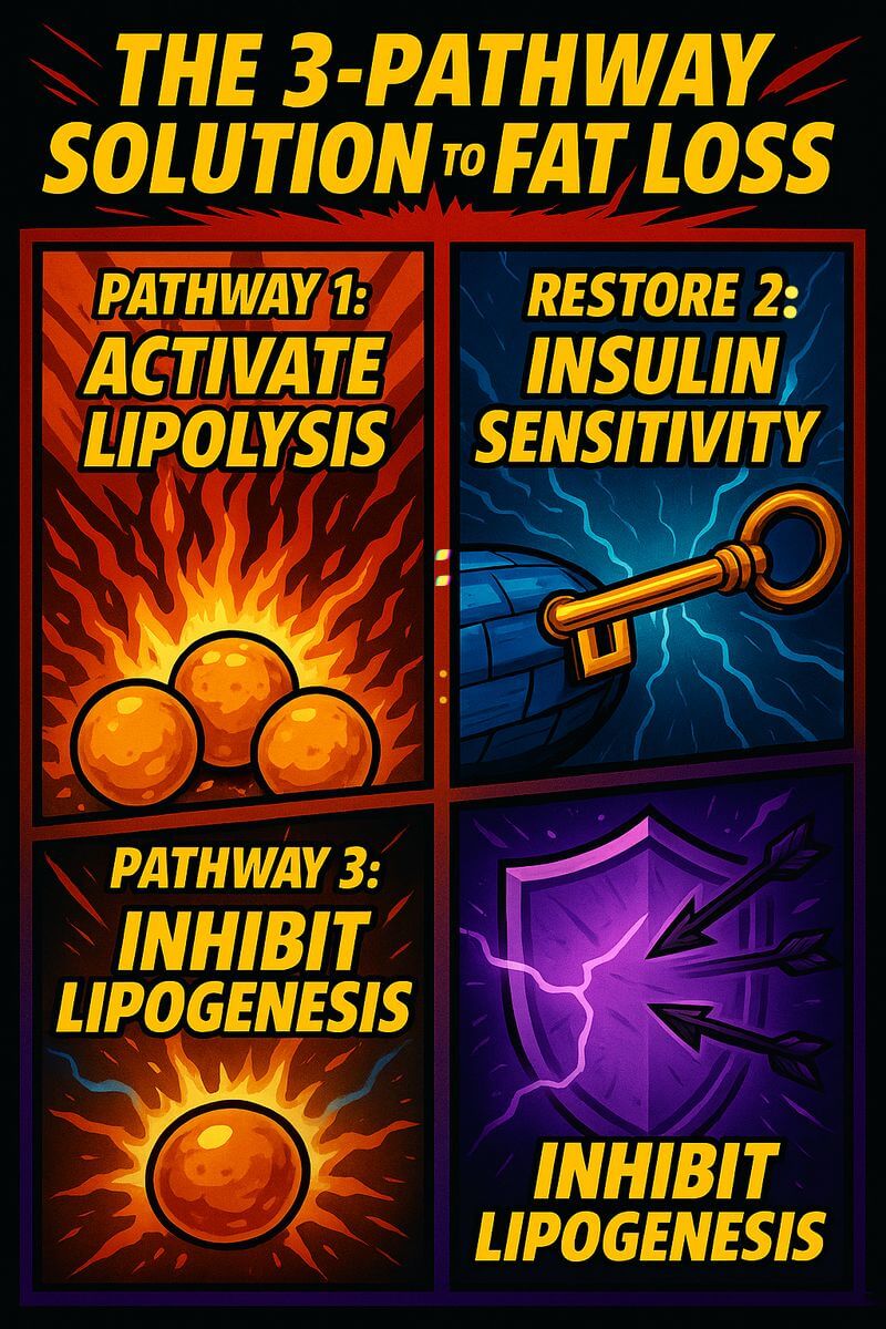 Infographic of the 3-Pathway Solution: Activate Lipolysis, Restore Insulin Sensitivity, and Inhibit Lipogenesis.
