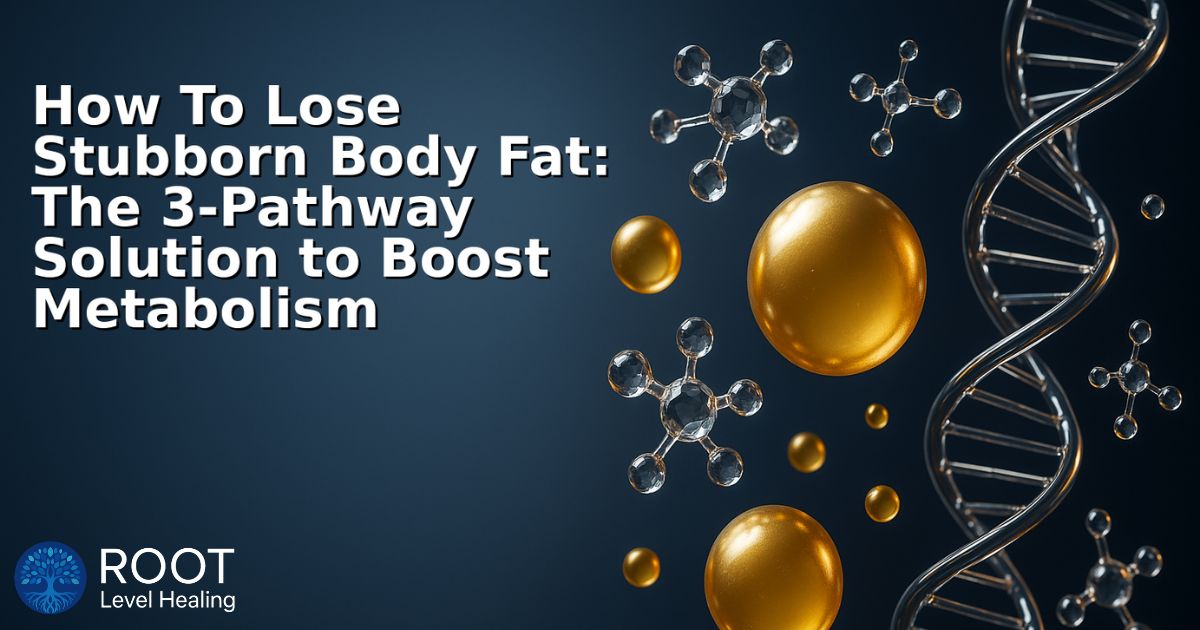 Infographic showing the 3-pathway solution to lose stubborn fat: activate lipolysis, reverse insulin resistance, and inhibit lipogenesis to boost metabolism.