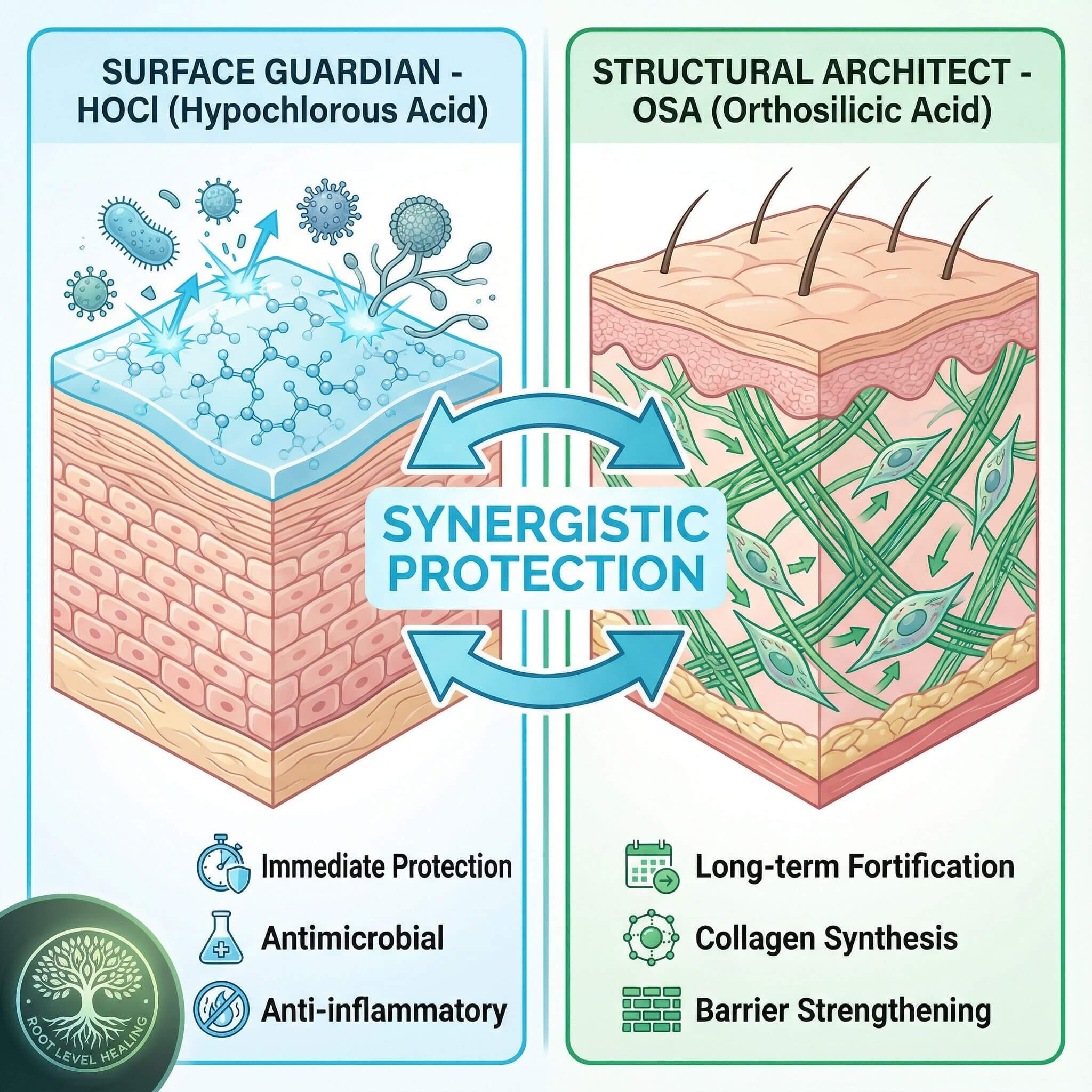 Scientific diagram showing the dual-action protective barrier mechanism for pets: HOCl (Hypochlorous Acid) as the Surface Guardian providing immediate antimicrobial protection against bacteria, viruses, and fungi on the left; OSA (Orthosilicic Acid) as the Structural Architect stimulating collagen synthesis and barrier strengthening in the dermis on the right; with bidirectional arrows showing synergistic protection for dogs and cats.