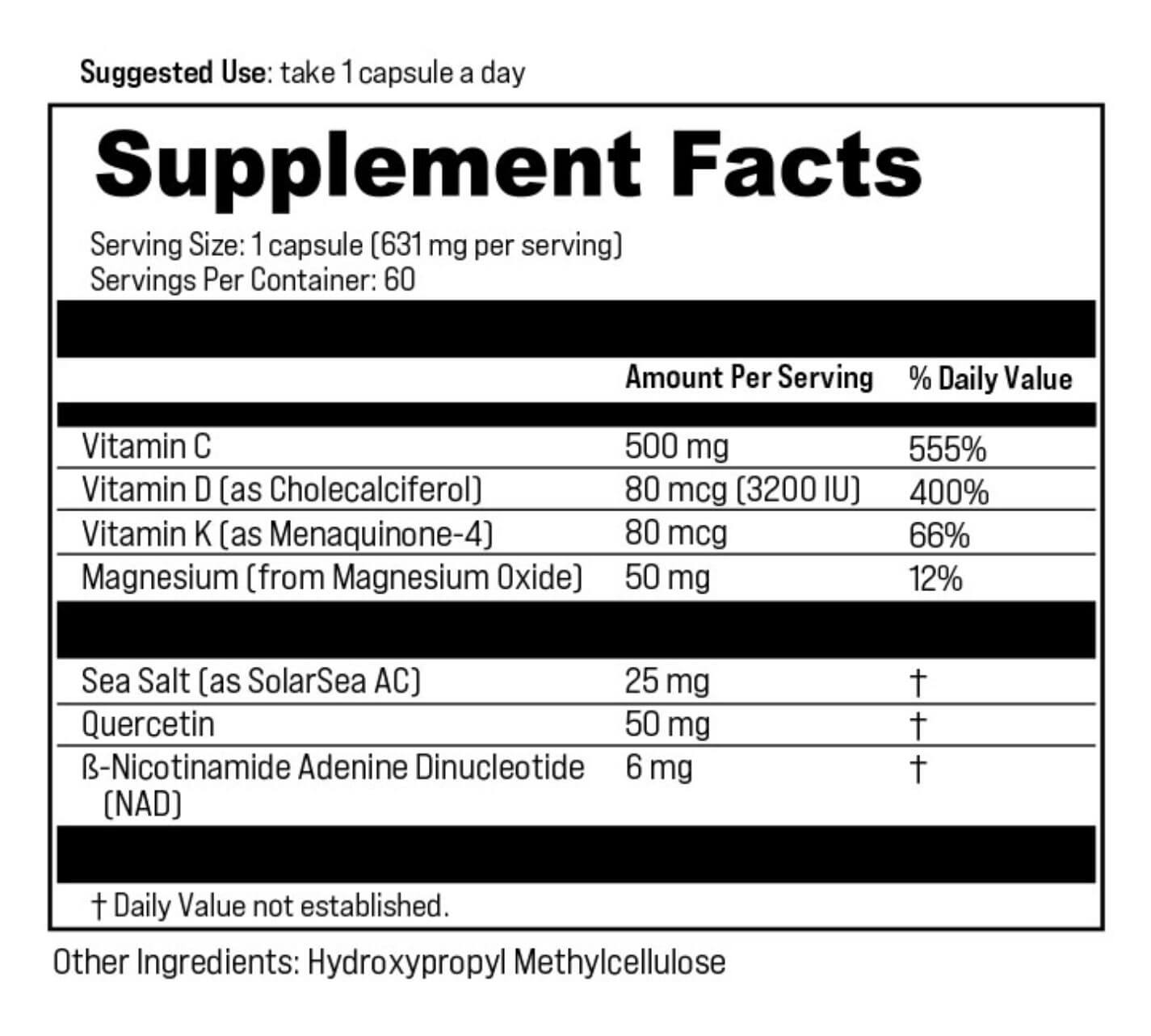 Supplement facts for Immune Defense Shield, showing the ingredients and dosages of β-NAD-Quercetin, Vitamin C, Vitamin D, Vitamin K2, and OmniMin™ AC Trace Minerals.